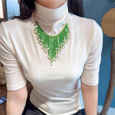 Boho Statement Green Seed Bead Fringe Choker South Sea White Pearl Necklace