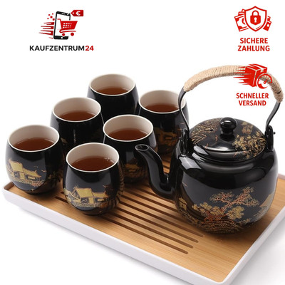 Japanisches Teeservice Schwarz Porzellan Set mit Kanne und Tassen