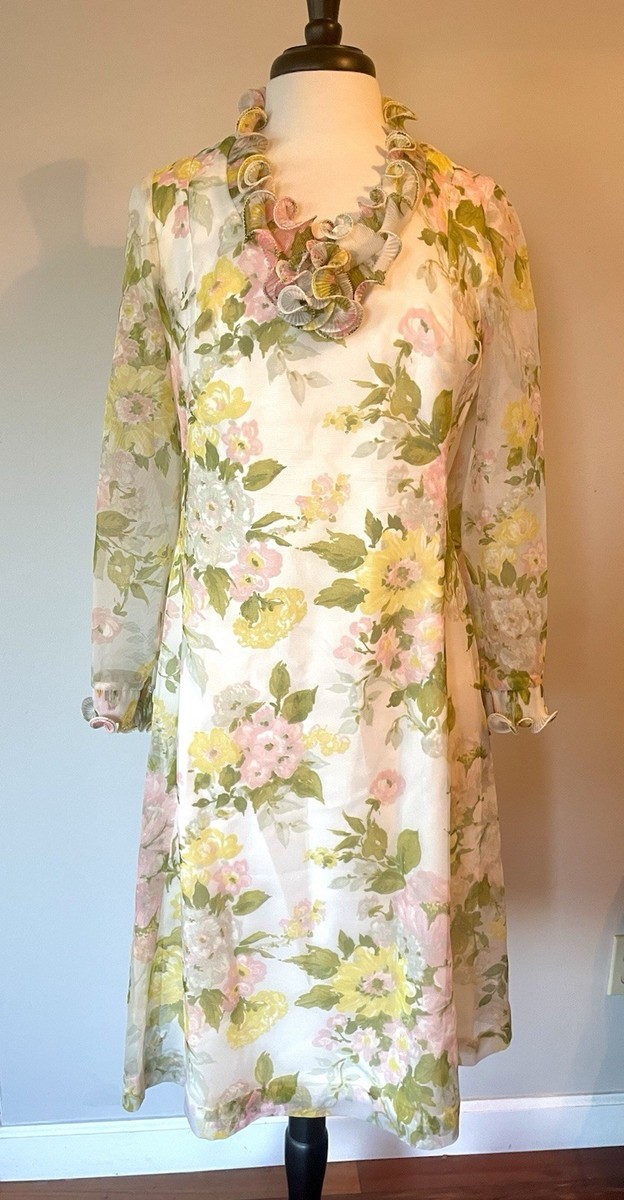 Vintage 60's Sheer Floral Dress Long Sleeve Ruffle Collar Garden Party A  line