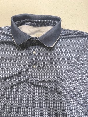 Hickey Freeman Mens Polo Shirt Large Blue Geometric Print Cotton 