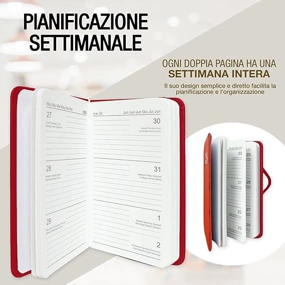 Agenda Settimanale 2026 Tascabile - Rossa, Copertina in PU Morbido con elastico - Immagine 2 di 4