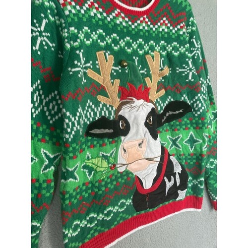 Holiday Time Ugly Christmas Sweater Cow Antlers Green M (38-40) Festive Acrylic - Picture 5 of 8
