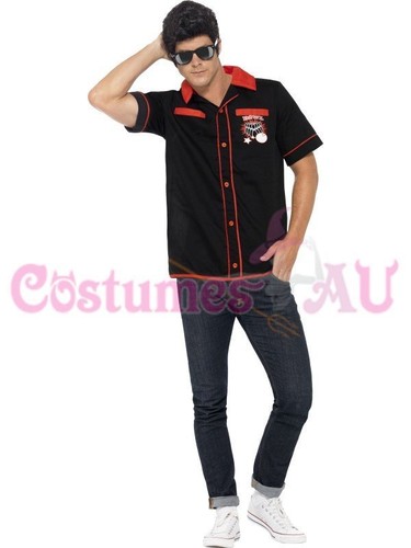 Mens 50s 1950s Lucky Bowling Sports Shirt Rockabilly Fancy Highschool Costume - Picture 4 of 5