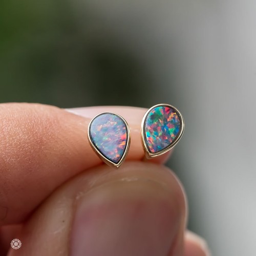 Rainbow Color Pear Shaped Australian Doublet Opal Stud Earrings 14K Yellow Gold - Picture 6 of 10
