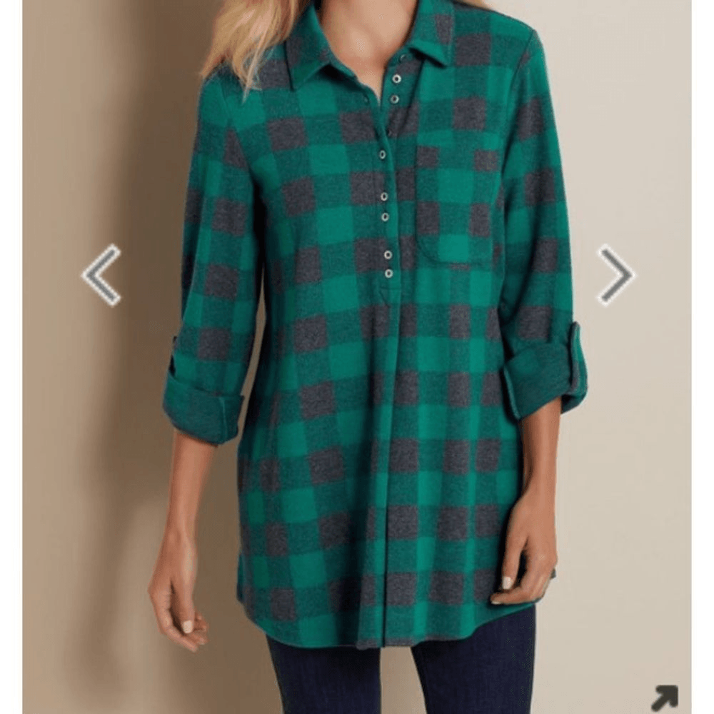 Soft Surroundings PS Mad About Plaid Green Cozy Tunic Top