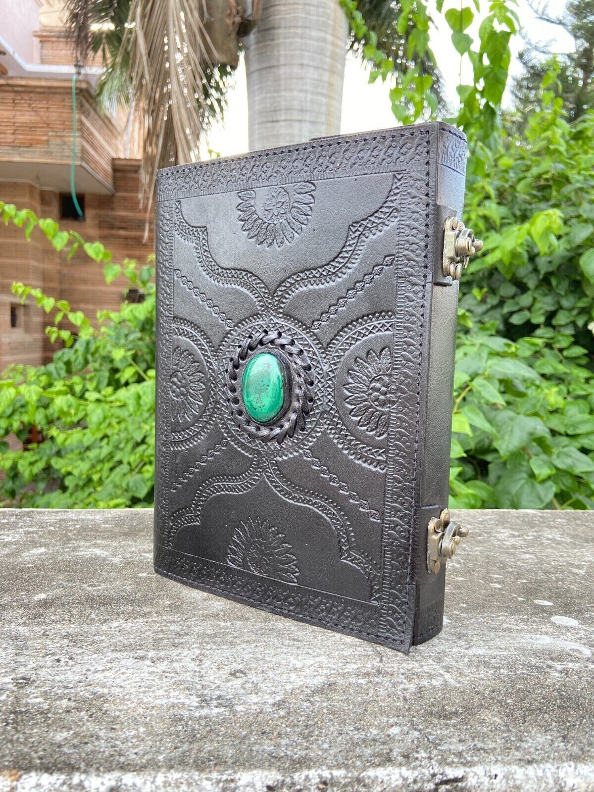 Antique Malachite Stone Leather Bound Large Notebook Journal  -image