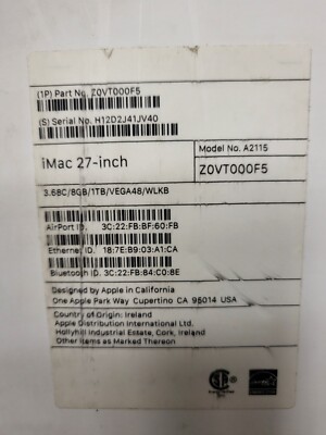 VEGA 48 iMac 5K 27-inch 2019/2020 3.6GHz i9 1TB SSD 128GB RAM