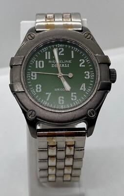 RIDGELINE DENALI Mens Watch New Battery Green Dial Silver/Gold 8  Band WR100M