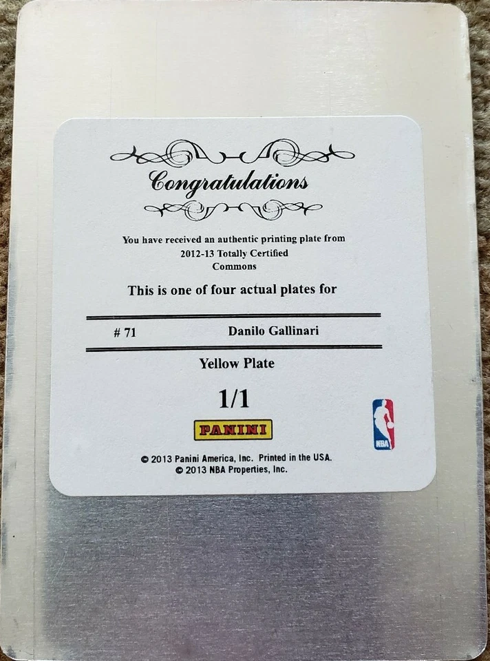 DANILO GALLINARI 2012-13 Totally Certified PRINTING PLATE SP #1/1 of 1 Nuggets - Image 2 of 2