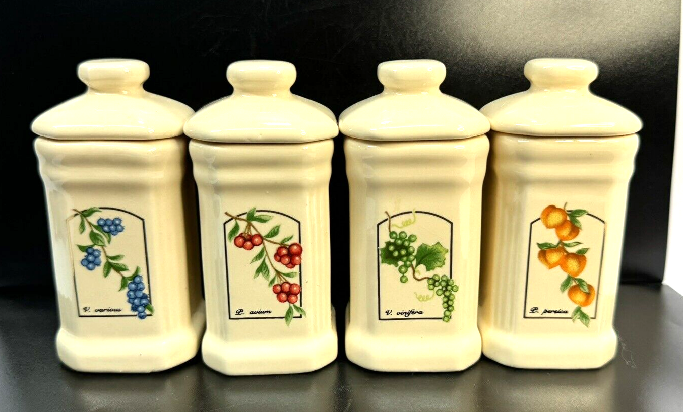 Set of 4 VTG Elgin Home Porcelain Fruit Design Spice Jars, 1989 Taiwan, w/lids