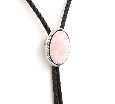 Hand Made Rose Quartz Stone Western Cowboy Leather Bolo Neck Tie