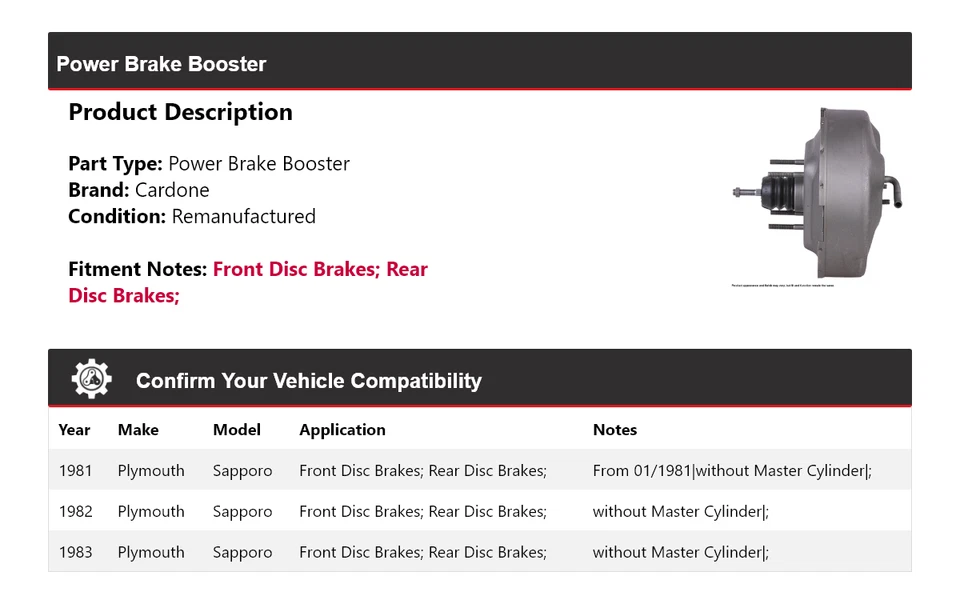 Para 1981-1983 Plymouth Sapporo Power Brake Booster Cardone 1982 Foto 2 de 4
