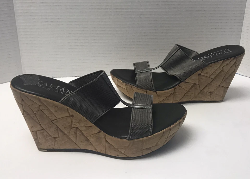 Zapatero Italiano Mujer Talla 9.5M Sandalia Deslizable Gris Correas Elásticas Cuña Italia Foto 2 de 4