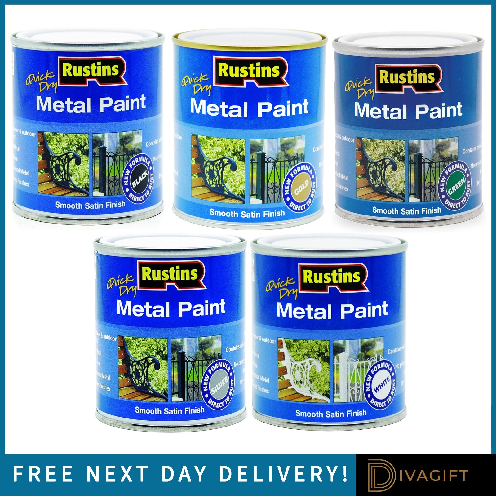 RUSTINS QUICK DRY METAL PAINT AVAILABLE IN FIVE COLOURS SMOOTH SATIN FINISH NEW