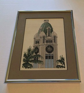 Vintage ALOHA TOWER Lighthouse Hawaii Framed Cross Stitch 12" X 9.5" Frame