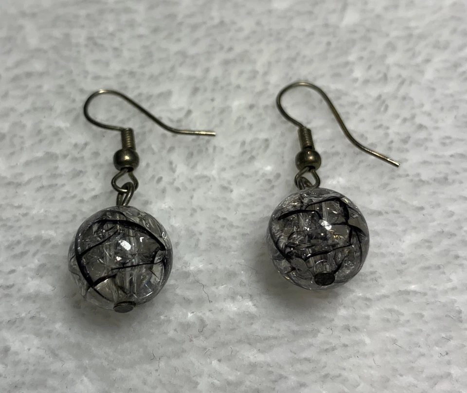 Vintage Clear Crystal Rutilated Quartz Ball Bead Dangle Drop Earrings - Image 2 of 4