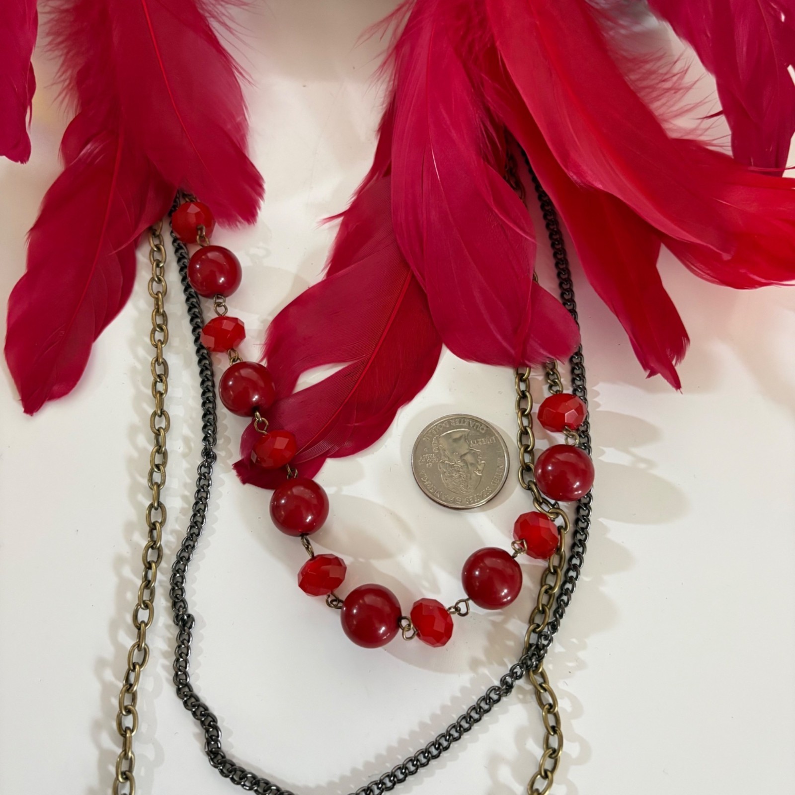 Multilayer Red Feather and Beaded Statement Neckl… - image 5