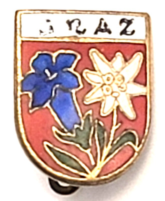 Graz Austria Edelweiss Enzian Alpine Flower European Shield Enamel Souvenir  Pin