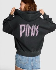 VICTORIA SECRET PINK zip HOODIE twice BLACK BAND BLING FASHION SHOW 2025 Large L