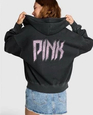 VICTORIA SECRET PINK zip HOODIE rhinestone BLACK BAND BLING FASHION SHOW 2025 XS