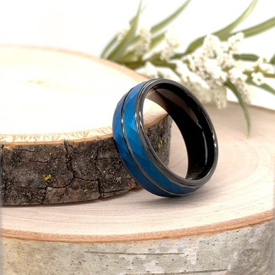 Blue Brushed Faceted Christmas Band For His & Her 8mm Black Domed Tungsten Ring