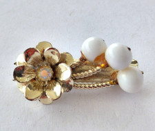 Vintage Hair Clip Barrette Rhinestone White Floral Gold Tone