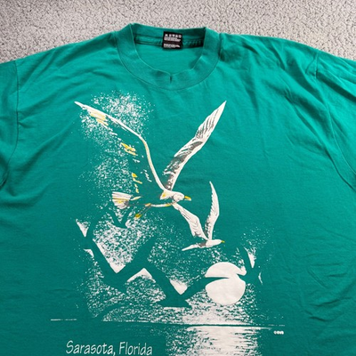 #ad Vintage 90s Fruit of the Loom Sarasota Florida Seagull T Shirt XL Green USA Made $22.00