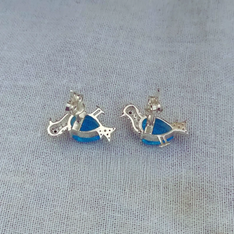lab Created Blue Topaz Bird Earring 925 Sterling Silver Stud Earring For Gift - Image 4 of 4