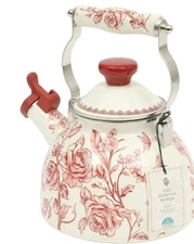 Pioneer Woman ~ AGATHA ~ 2 Quart Tea Kettle ~ Enamel on Steel ~ Floral ~ RED