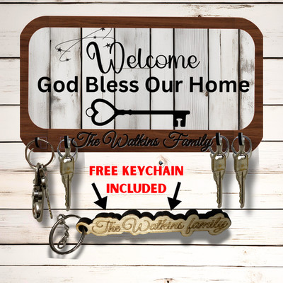 Personalized Key Rack God Bless Our Home Wall Mount Organizer 10''x5'' MDF Board