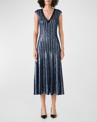 St John New Degrade Stripe Sequin V Neck Midi Dress Size 4 $1,795.00