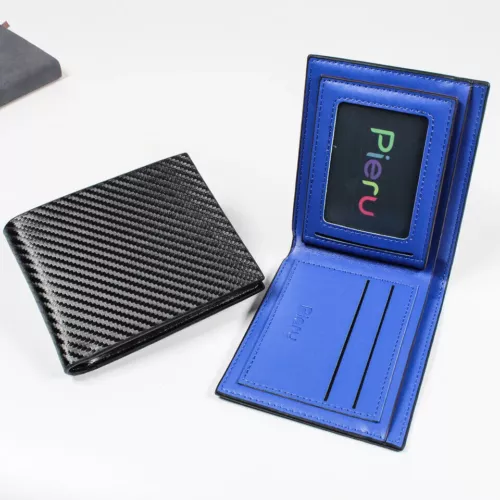 Cartera de cuero de fibra de carbono para hombre con bloqueo RFID delgada doble pliegue titular de tarjeta de crédito - Imagen 8 de 10