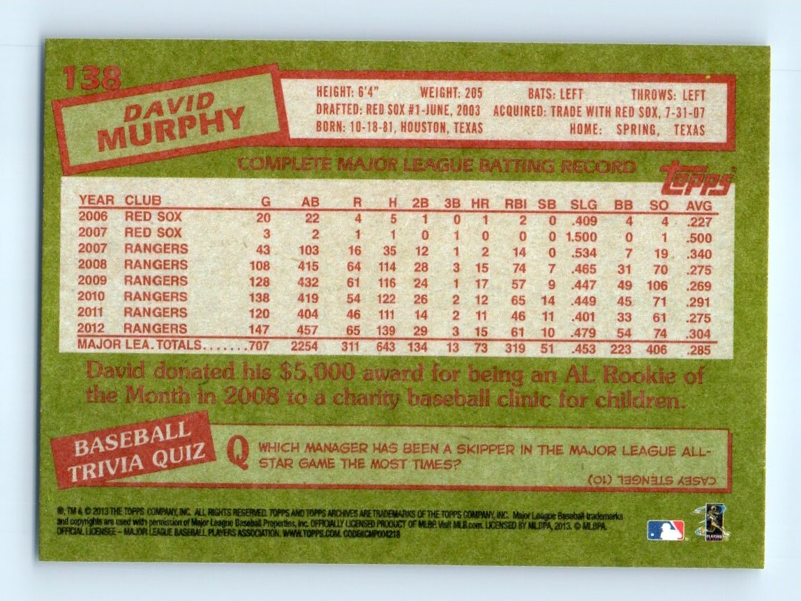 2013 Topps Archives David Murphy Texas Rangers #138 | eBay