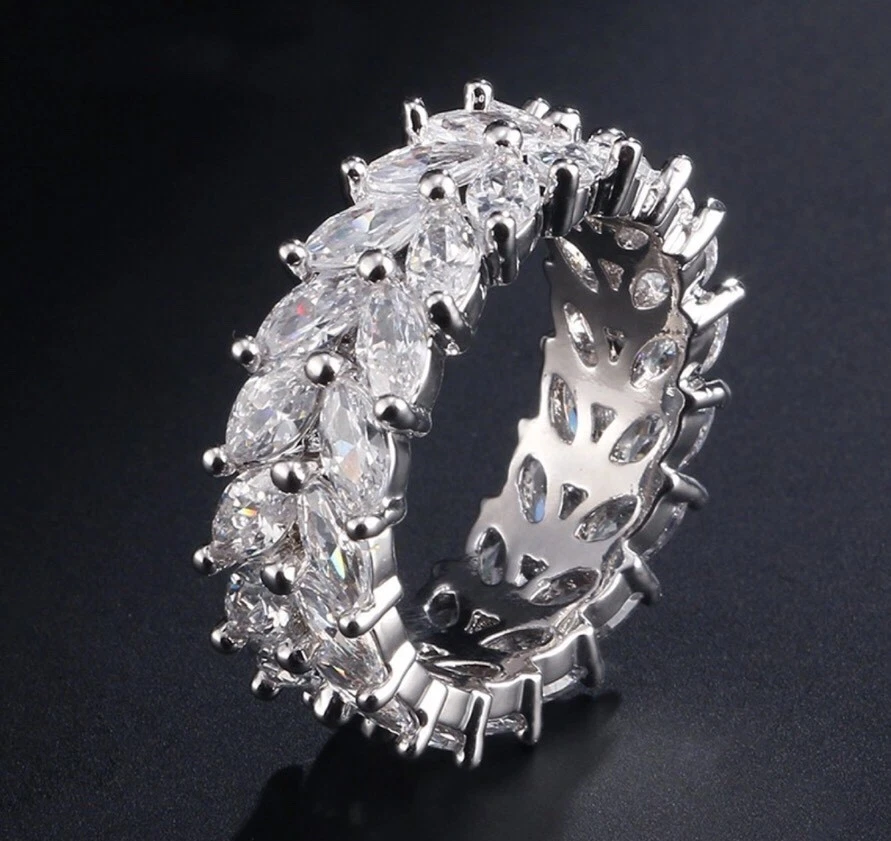 18k White Gold Plated Eternity Ring made w Swarovski Marquise Anniversary Band - Image 2 of 4
