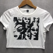 Shein Women's Cropped T Shirt Size XL White Black Print Female Celebrity Singers