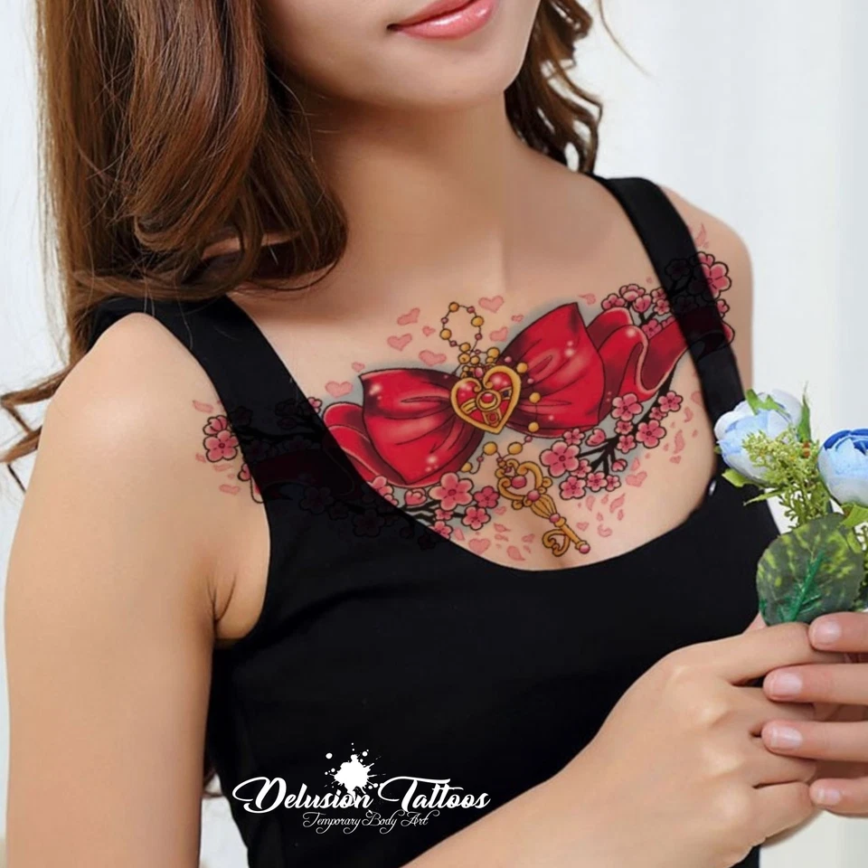 Réaliste Tatouage Temporaire - Grand Rouge Nœud ,Cœur,Marguerites - Femmes,Kids - Photo 1/4