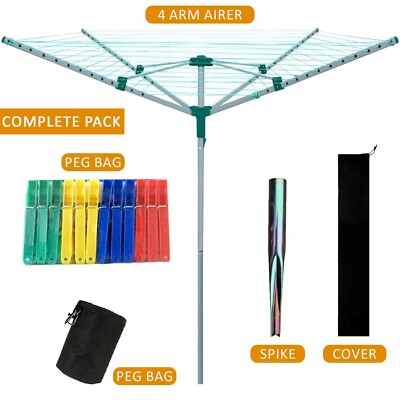 DREHLÜFTER 50M OUTDOOR 4 ARM WÄSCHE WASCHLEINE TROCKNER ERDSPIESS & ABDECKUNG