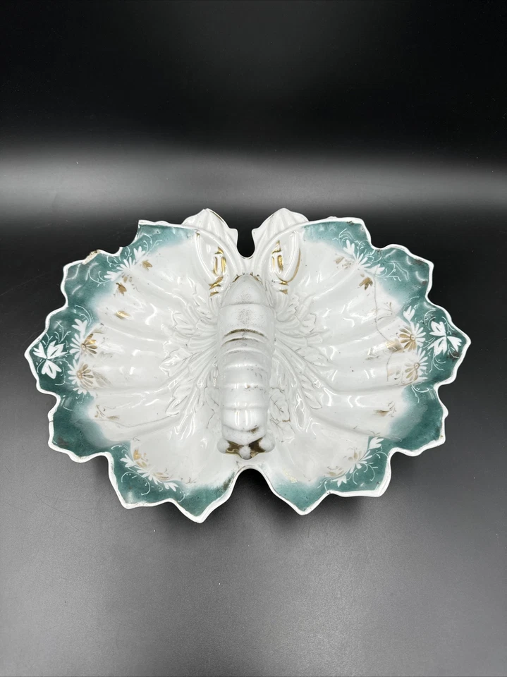 Antiguo J.S. Plato de servir dividido langosta blanca, verde y dorada de porcelana alemana Foto 3 de 4