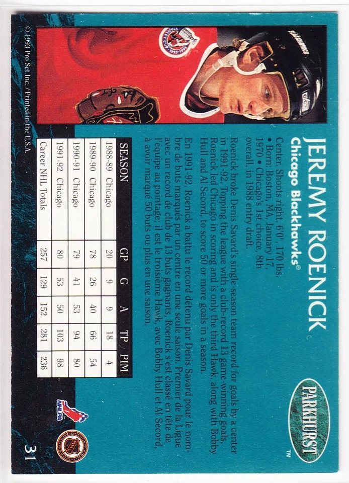 1992-93 Parkhurst Jeremy Roenick Auto Chicago Blackhawks #31 - Image 2 of 2