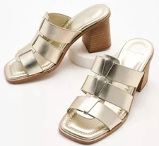 New Marc Fisher LTD Louisa Leather Block Heel Slip On Mules Woven Gold Size 8M