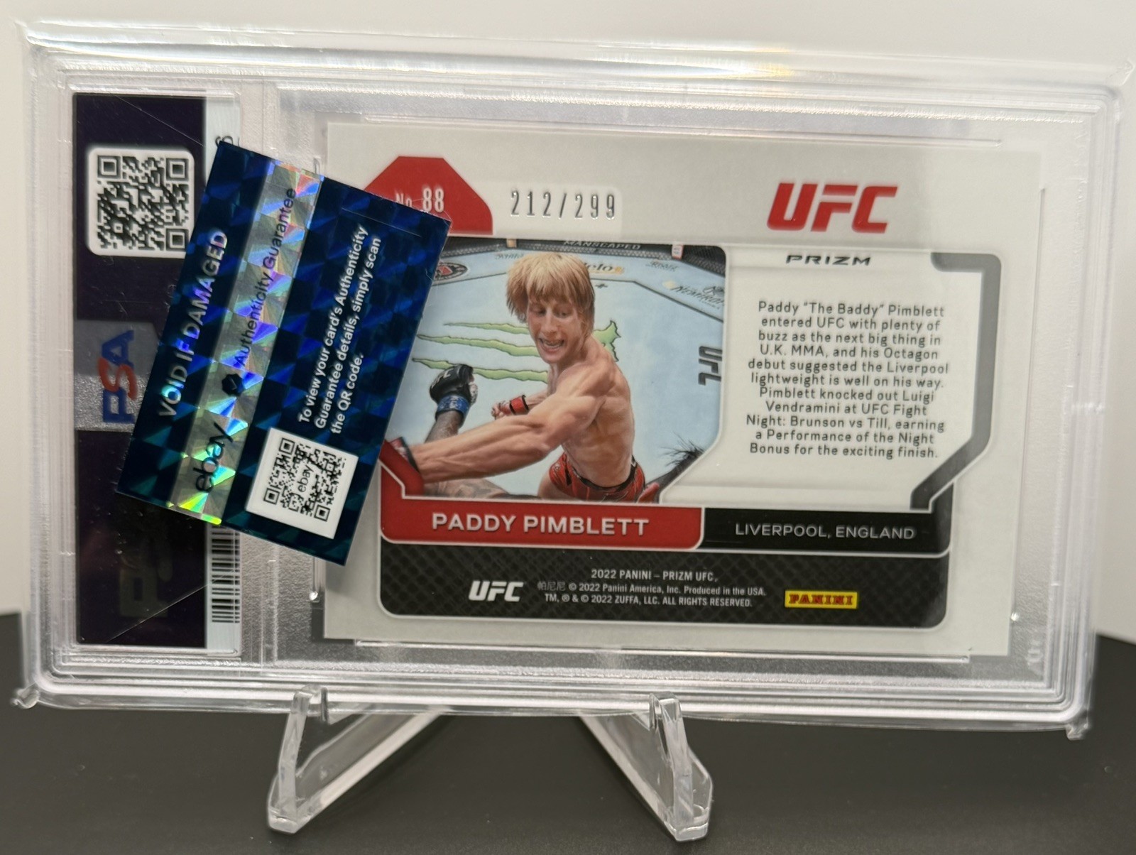 PSA 10 GEM MINT 2022 Panini UFC Red Prizm 194/299 Paddy Pimblett #88 Rookie Card view 2