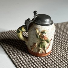 Vintage Miniature German Beer Stein Ceramic Hunter Stag Pewter Lid Halali 2.5"
