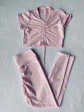 Honeycomb Yoga Activewear Set M Pink Crop Top  High Waist Leggings Ruched Butt