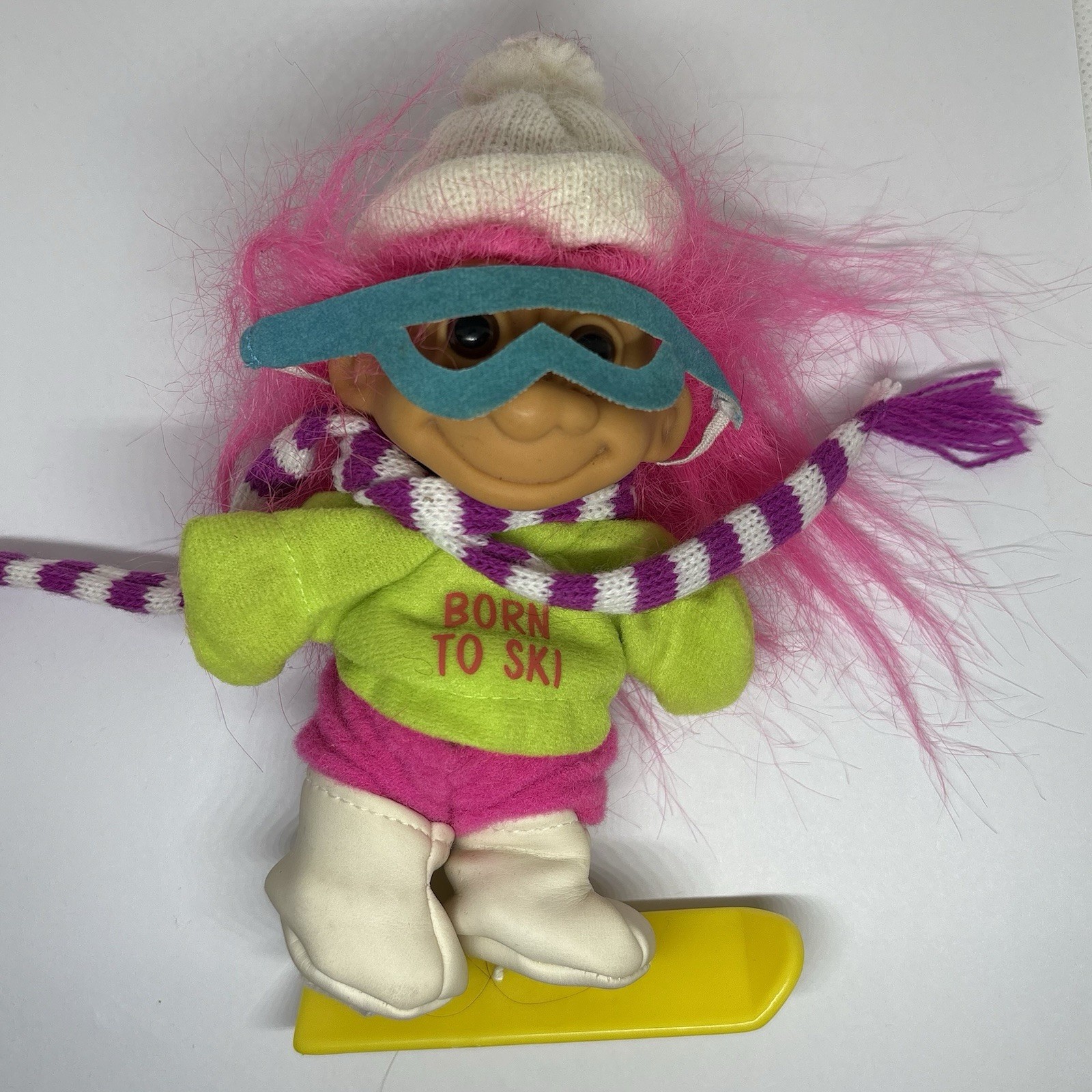 Vintage RUSS Troll Born To Ski Bum Skiing Holiday Neon Lucky Doll Mascot 1990s