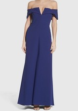 BCBGMAXAZRIA Women's Blue V-Neck Off-The-Shoulder Gown Dress Size 8