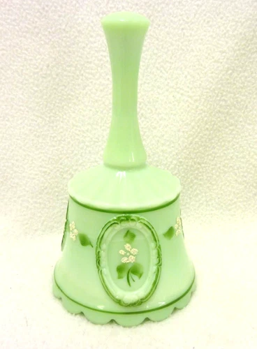 VTG WESTMORELAND JADEITE MILK GLASS 6" BELL SIGNED B SANDERS 1979 FLORAL MOTIF