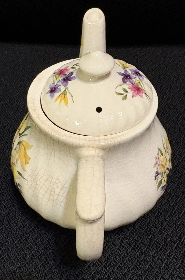 CROWNFORD GIFTWARE CORP White Floral TEAPOT Daffodils Pansies Made in England - Image 3 of 4