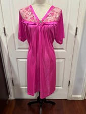 Women Hot Pink Silky Short Sleeve VNeck Lace Nightgown w/bow XL 37"Lx20W
