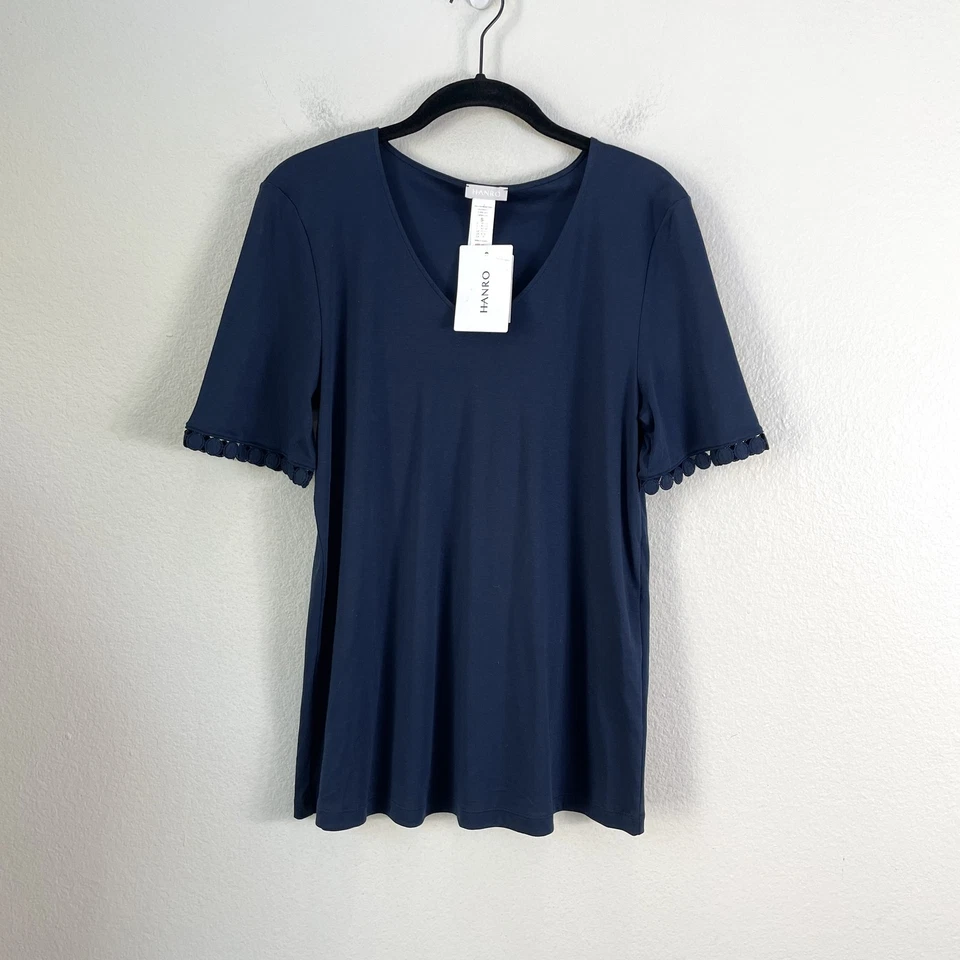 NUEVO Conjunto de Pijama Hanro Rosa Para Mujer Pequeño Azul Marino Profundo Manga Corta Camisa Pantalones Cortos Borde Foto 2 de 4