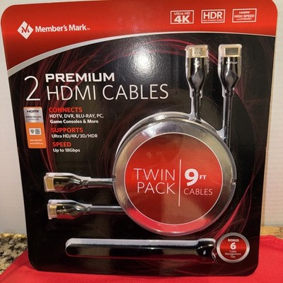 Member s Mark 2 Pack 9FT Premium HDMI Cables 4K HDR 3D 18Gbps NEW